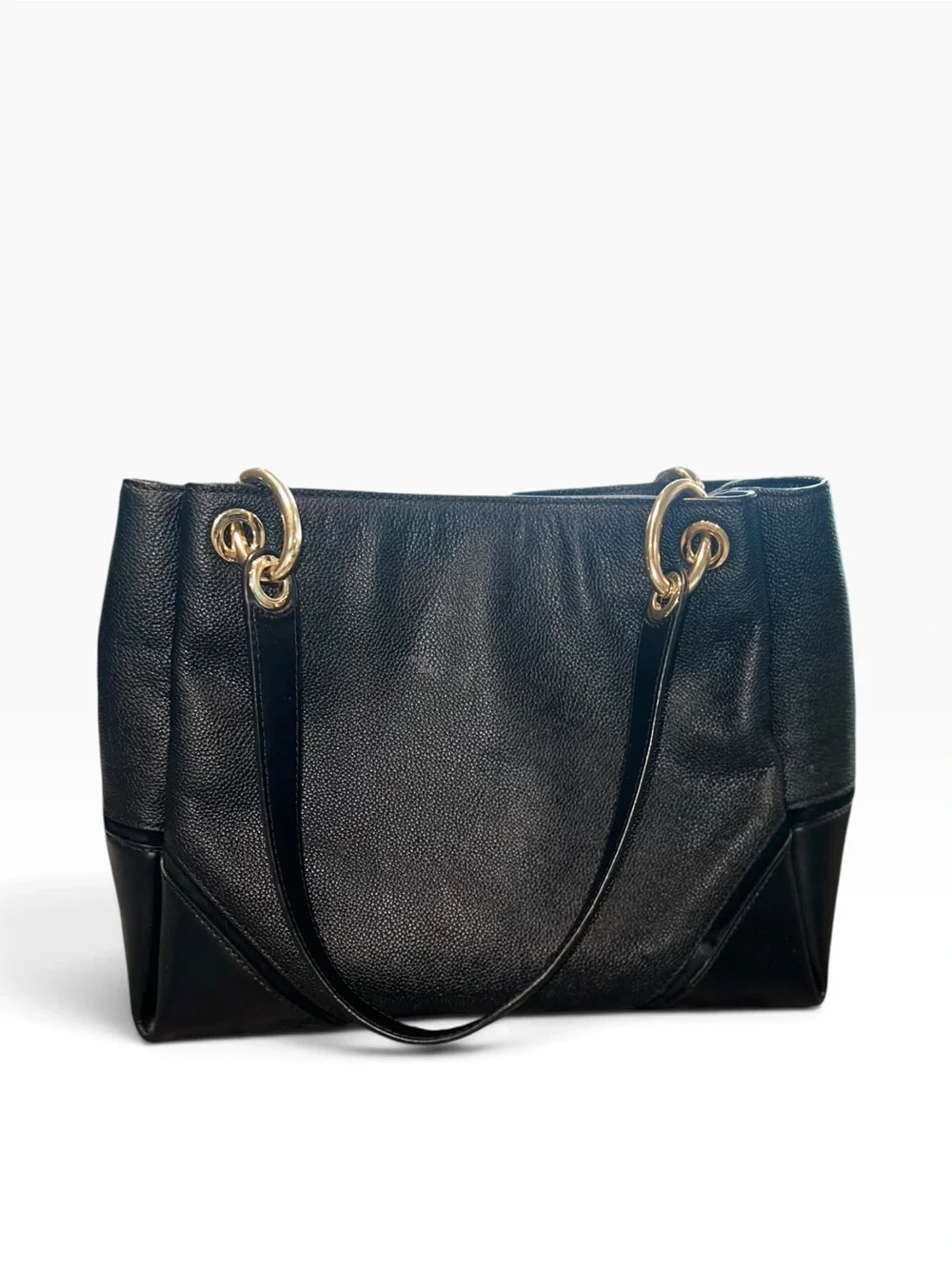 Michael Kors Black Leather Tote Shoulder Bag Gold Hardware MK Charm